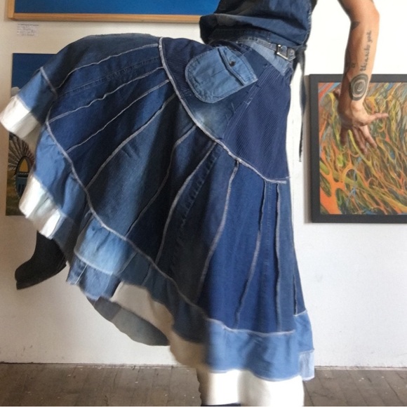 Denim Maxi twirl skirt handmade Prints upcycled couture ooak patchwork boho - Picture 2 of 3